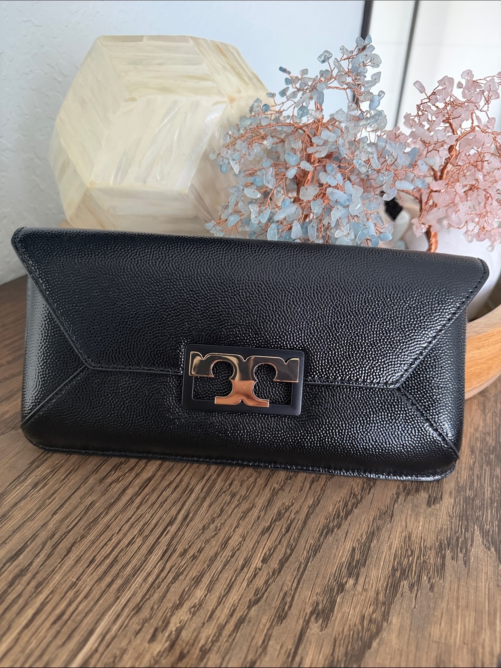 Tory Burch Black Pebbled Leather Logo Envelope Clutch